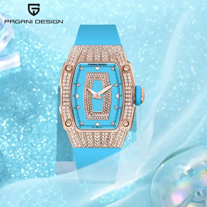 PAGANI DESIGN Top luxe diamant incrusté montre pour femme mode caoutchouc étanche lumineux vin seau boîtier