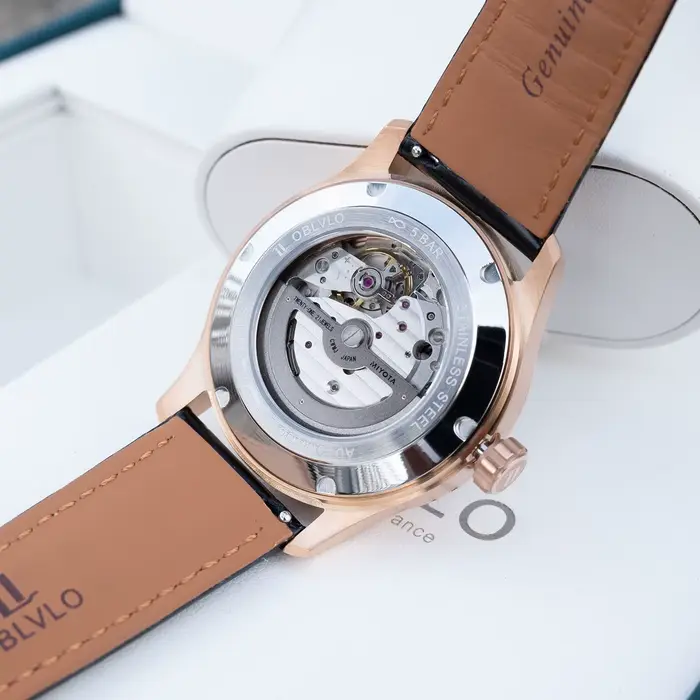 OBLVLO montre mécanique de luxe pour hommes en or Rose cadran noir lumineux avec lunette en cristal bracelet en cuir terre étoile horloge automatique GC