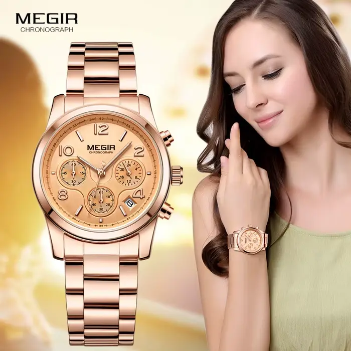 Megir dames montre chronographe montres à Quartz femmes haut de gamme de luxe montre-bracelet en or Rose Relogio Feminino часы жletiе 2057