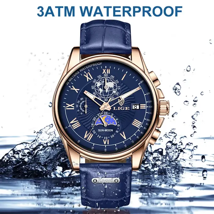 LIGE – montre-bracelet en cuir bleu pour hommes