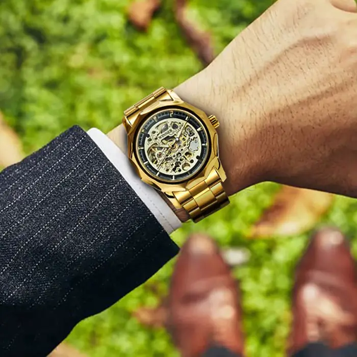 Montre automatique squelette doré pour hommes