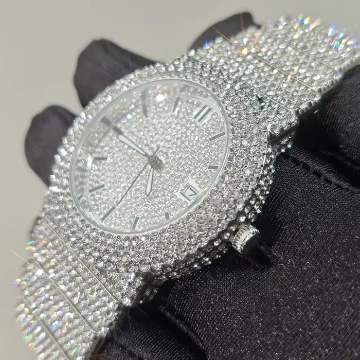 Montre de luxe homme acier inoxydable diamants glacés quartz élégante hip hop occasionnelle bronze café rose