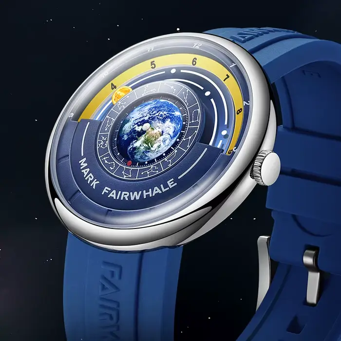 Mark Fairwhale Montre à quartz pour homme avec cadran sur le thème de la Terre unique, bracelet en silicone durable et design étanche, styles sportifs décontractés