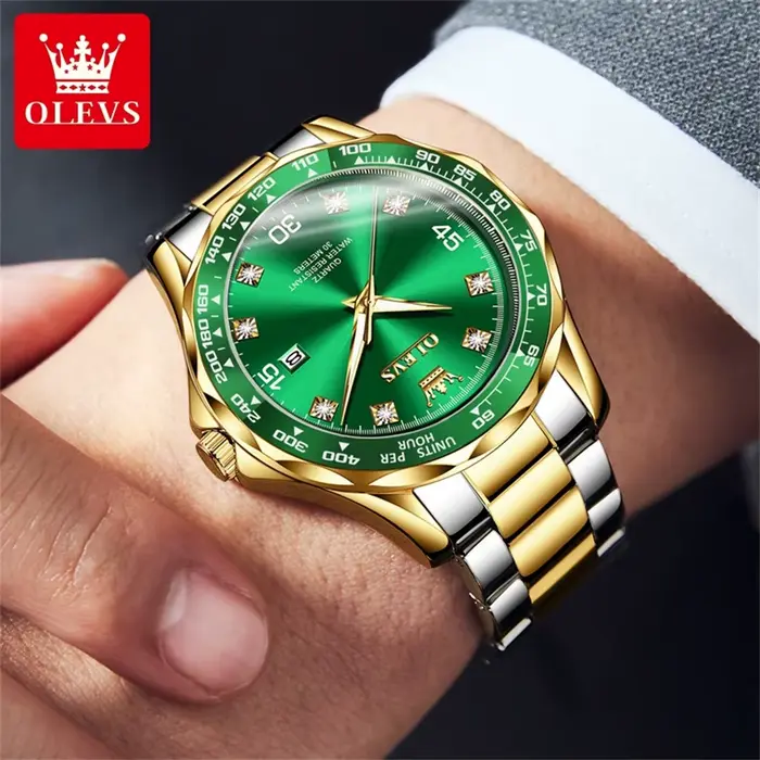 OLEVS montre à Quartz vert doré pour hommes marque de luxe plongée étanche bracelet en caoutchouc en acier inoxydable