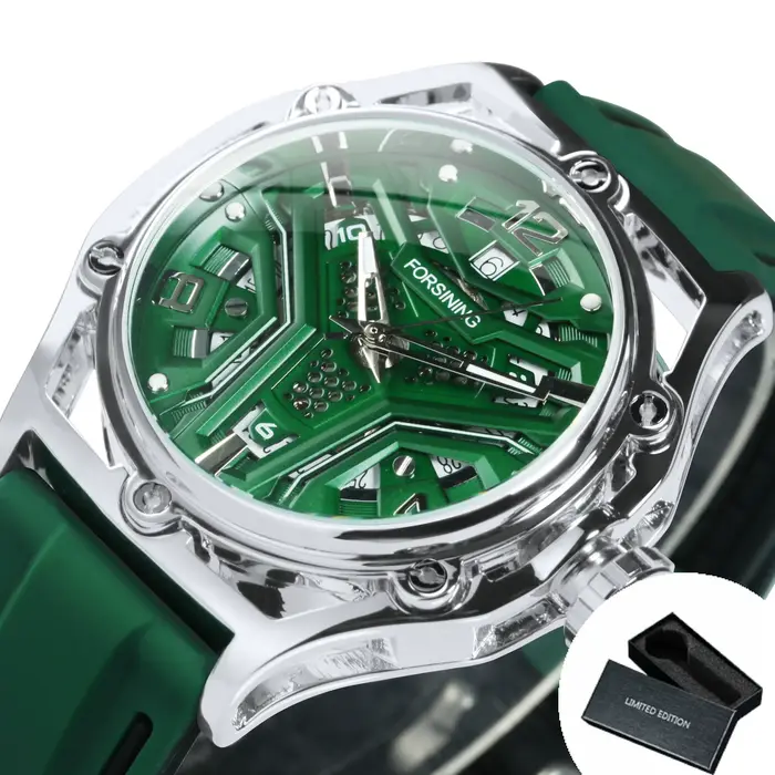 Montre squelette d'extérieur Forsining pour homme, bracelet en caoutchouc vert, montre mécanique aut