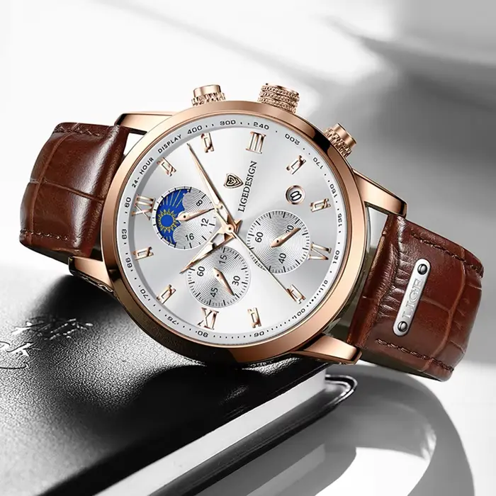 Montre-bracelet à quartz LIGE décontractée avec phases de lune