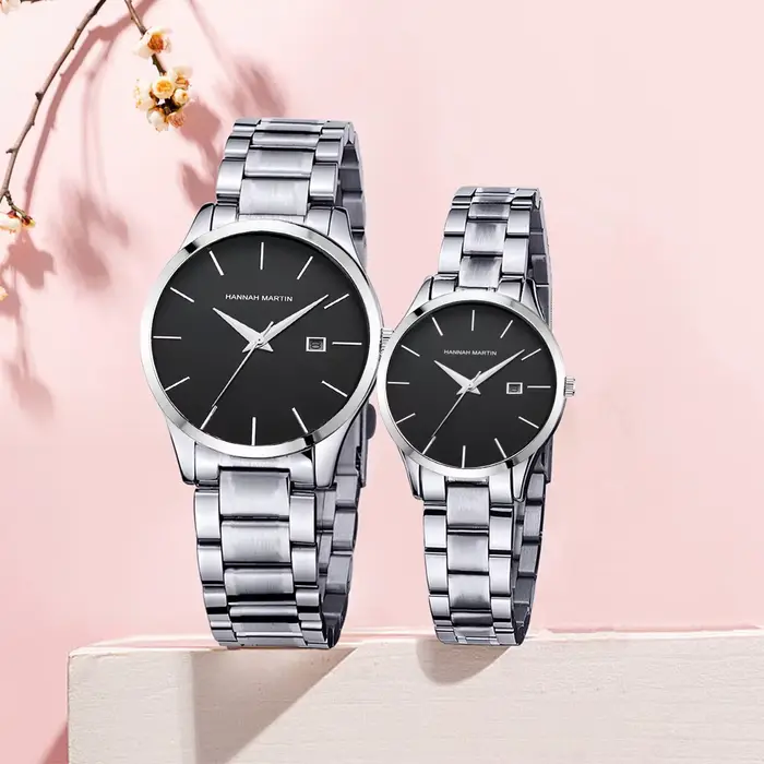 Montre à Quartz en Acier Inoxydable Noir pour Homme et Femme