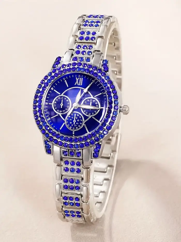 Ensemble de 6 pièces de montre luxueuse avec bracelet clouté de diamants pour femme