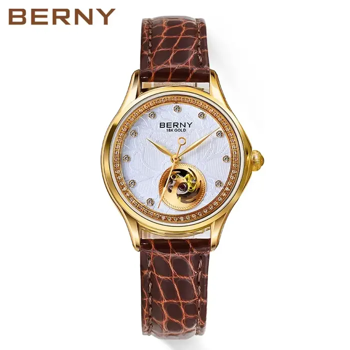 BERNY – montre mécanique de luxe pour femmes, avec lunette en acier inoxydable recouvert d'or 18 car