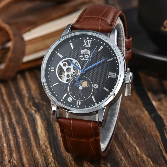 Montre automatique mécanique unisexe DFDG Série Orient Sports fonction heure mondiale soleil lune étoiles robuste style mode casual occasions sportives formelles