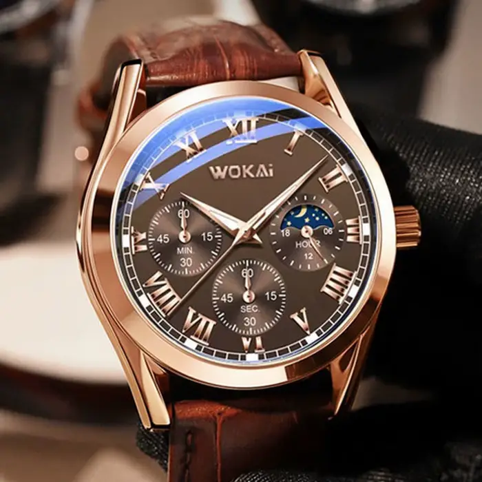 Montre-bracelet à quartz en cuir PU pour hommes