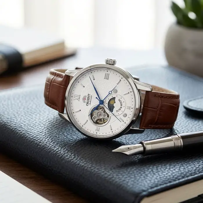 Montre automatique Orient Sun Moon Phase avec bracelet en cuir grain crocodile pour hommes, élégante pour occasions formelles et amateurs de montres complications mécaniques