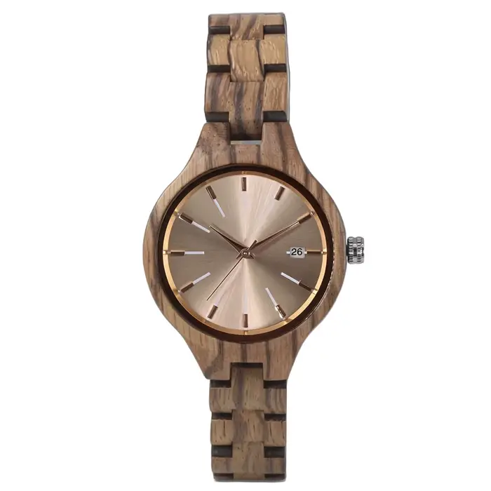 Montre en bois pour femme, style élégant et sobre, bois de santal, aiguilles analogiques, calendrier