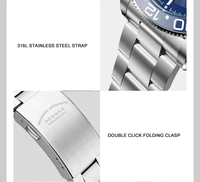 Montre homme Borman automatique GMT résistante à l'eau avec bracelet en acier inoxydable et lunette en céramique pour homme occasions spéciales