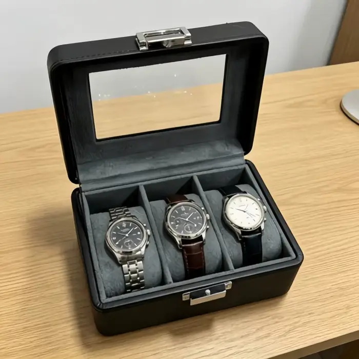 Boîte à montres de luxe en cuir à 3 emplacements avec serrure