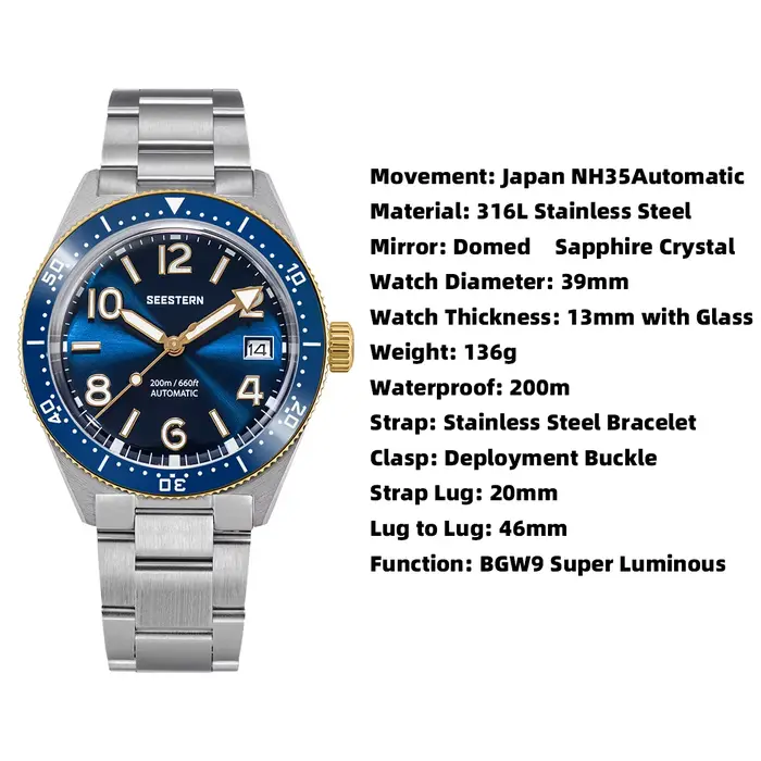 Sugess montre de plongée pour hommes montres mécaniques automatiques 20ATM étanche saphir NH35A mouvement BGW9 lumineux nouveau S434-2