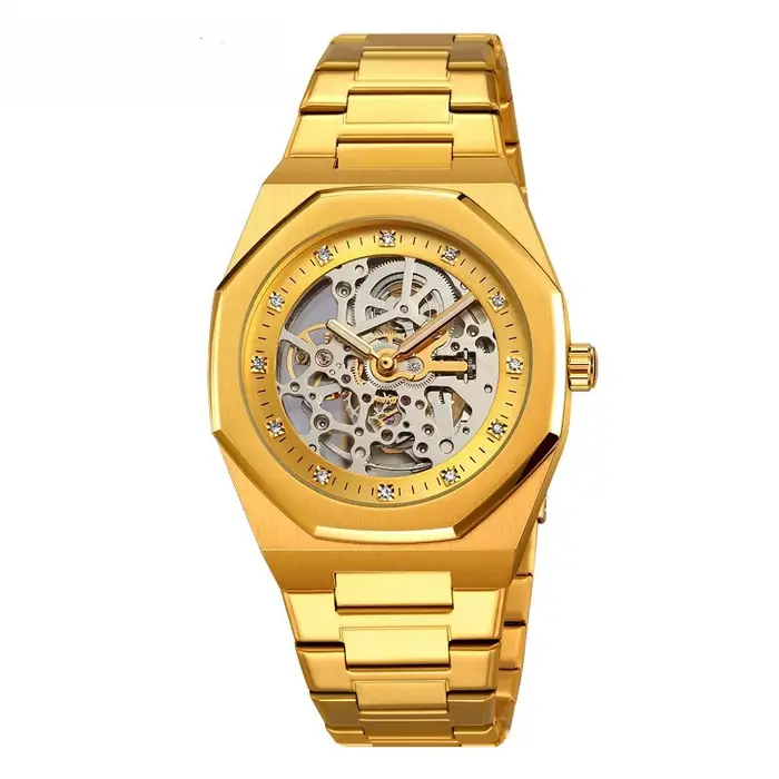 Montre squelette automatique pour hommes : acier inoxydable avec dos transparent et mouvement solide