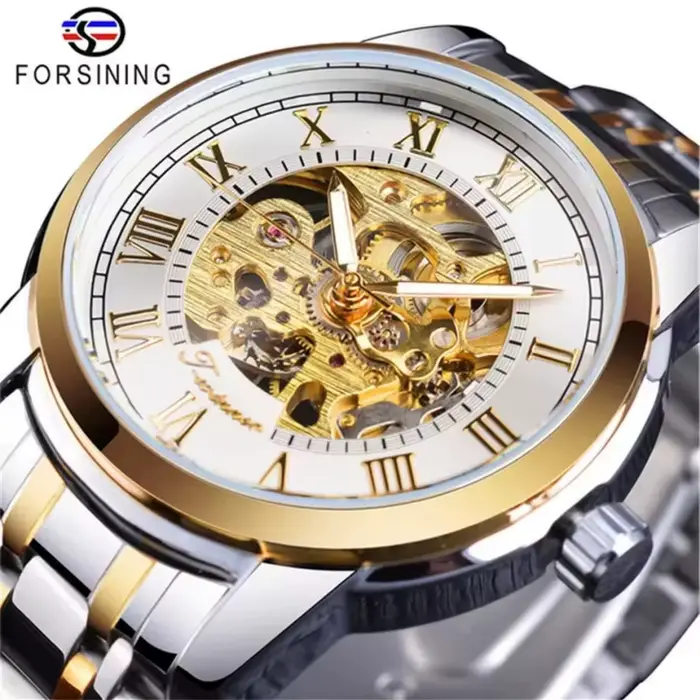 Forsining 349 montre mécanique pour hommes affaires squelette rond argenté noir acier inoxydable montres-bracelets manuelles pour horloge masculine