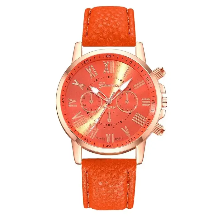 Reloj Mujer Mode Femmes Montres Dames Orange Cuir Quartz Montre-Bracelet