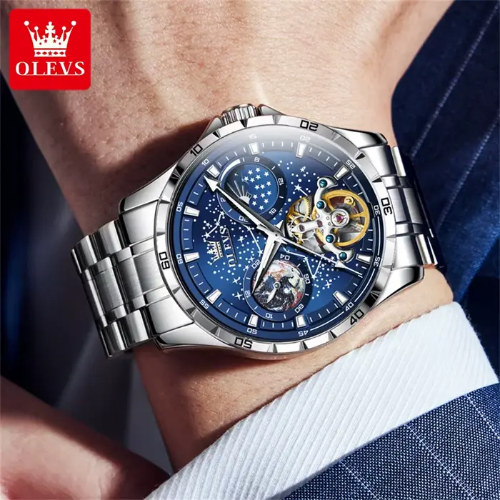 Montre OLEVS 6689 en acier inoxydable avec phase de lune et chronographe pour hommes occasions spéciales et quotidienne