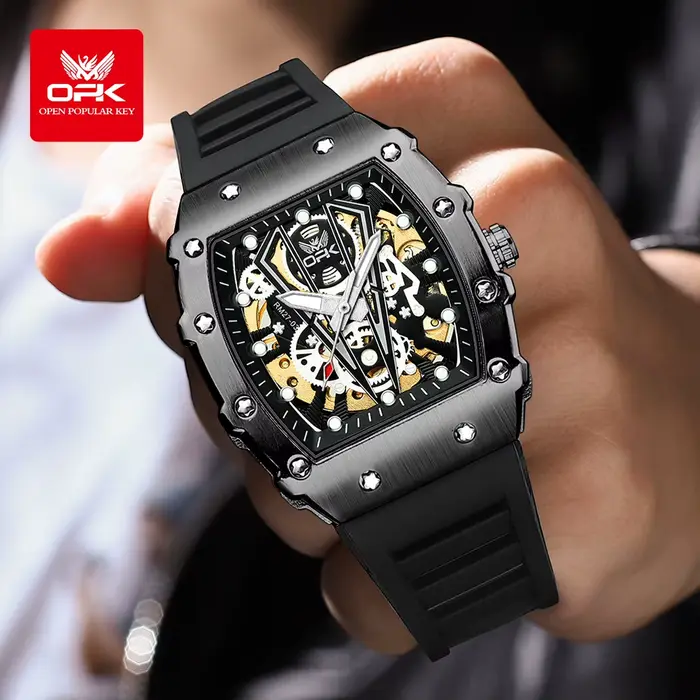 OPK 8180 homme montre bracelet en Silicone mode décontracté Tonneau cadran creux conception étanche lumineux Original montres mécaniques