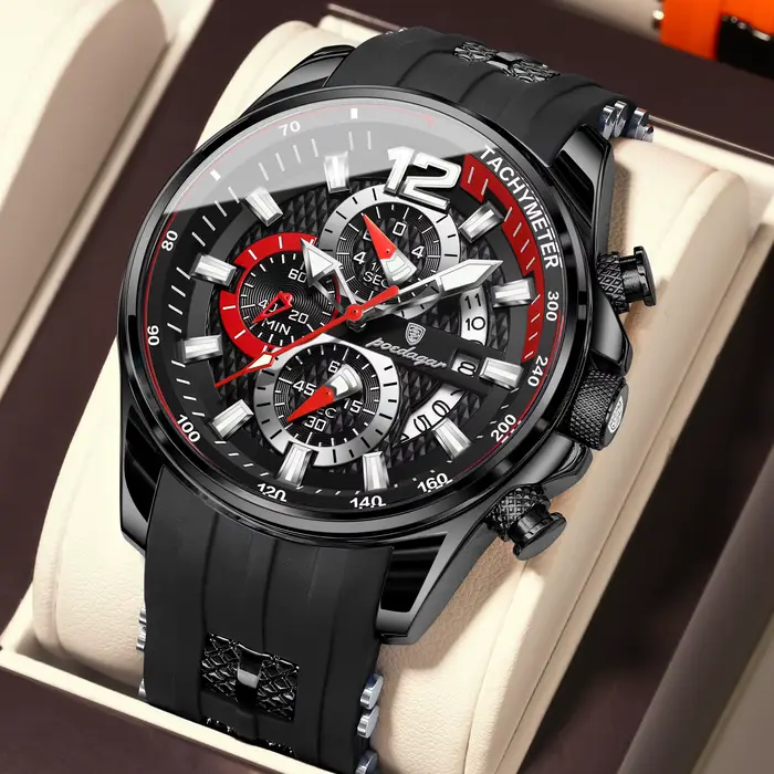 Montre Fonctionnelle POEDAGAR pour Hommes, Date, Chronographe, Luminescente, Étanche, Silicone Class