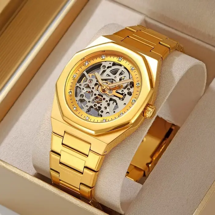 Montre squelette automatique pour hommes : acier inoxydable avec dos transparent et mouvement solide pour le style professionnel