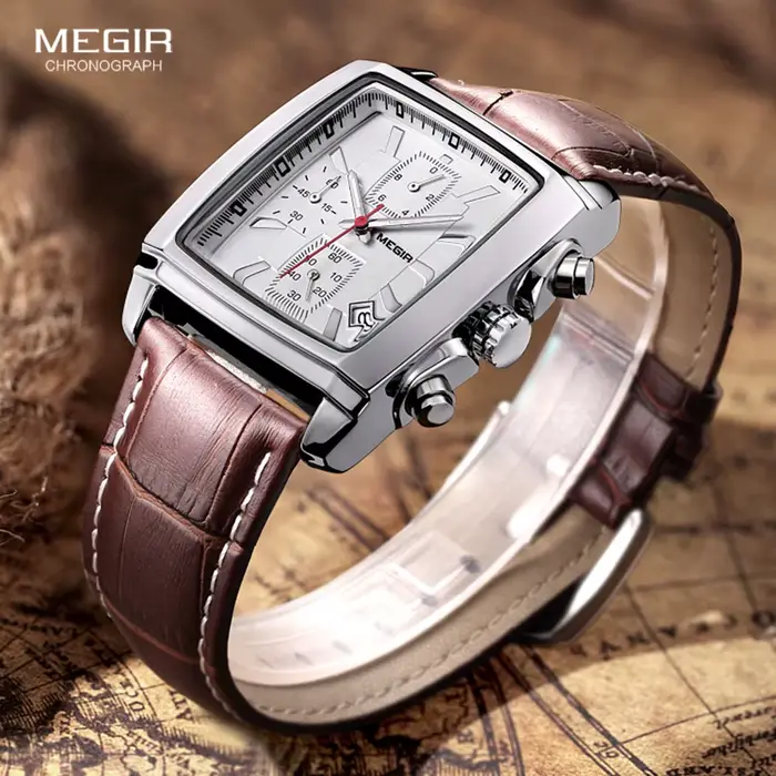 Megir cadran rectangulaire bracelet en cuir Montre pour hommes décontracté bleu chronographe montres à Quartz homme