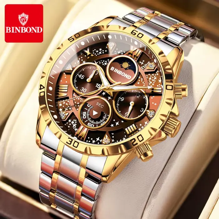 BINBOND luxe mode hommes montres multi-fonctionnel en acier inoxydable Original Quartz montre-bracelet Phase de lune chronographe étanche