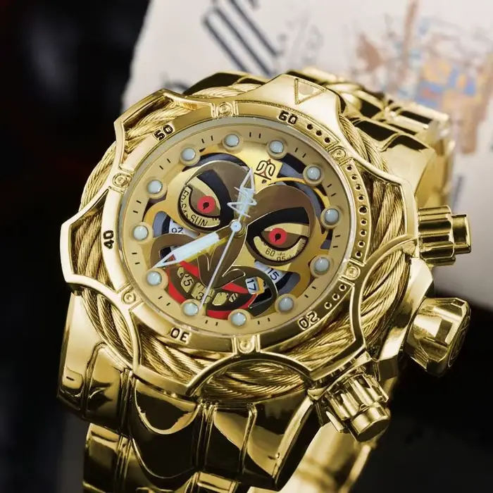 Montre à quartz de luxe pour homme en or, cadran style clown hip-hop, bracelet en acier étanche, boî