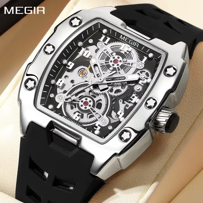 MEGIR montres mécaniques automatiques pour hommes 43MM Tonneau cadran squelette homme montre-bracelet étanche lumineux mâle horloge Reloj Hombre