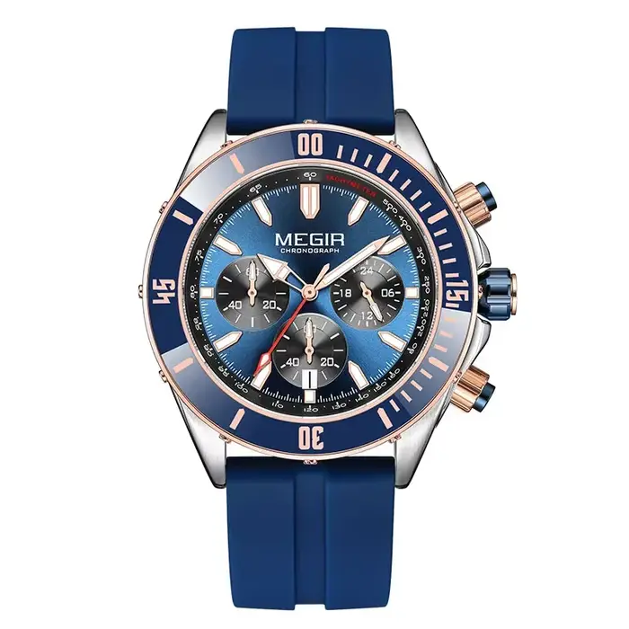 Montre de bureau MEGIR pour homme, argentée, bleue, lumineuse, étanche, chronographe, quartz, bracel