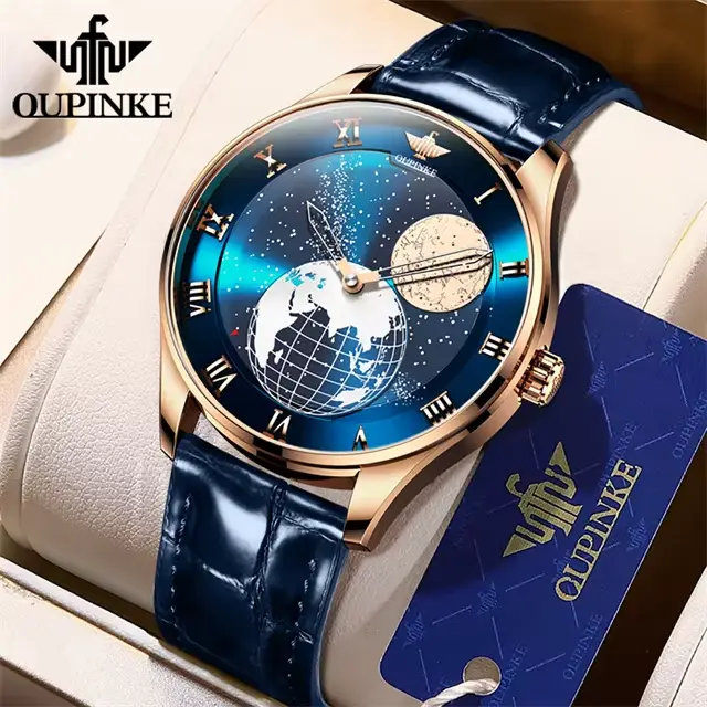 PINKE-Montre Mécanique existent pour Homme, Phase de Lune, 3D Earth Starry Star, Cadran Rotatif, Mar