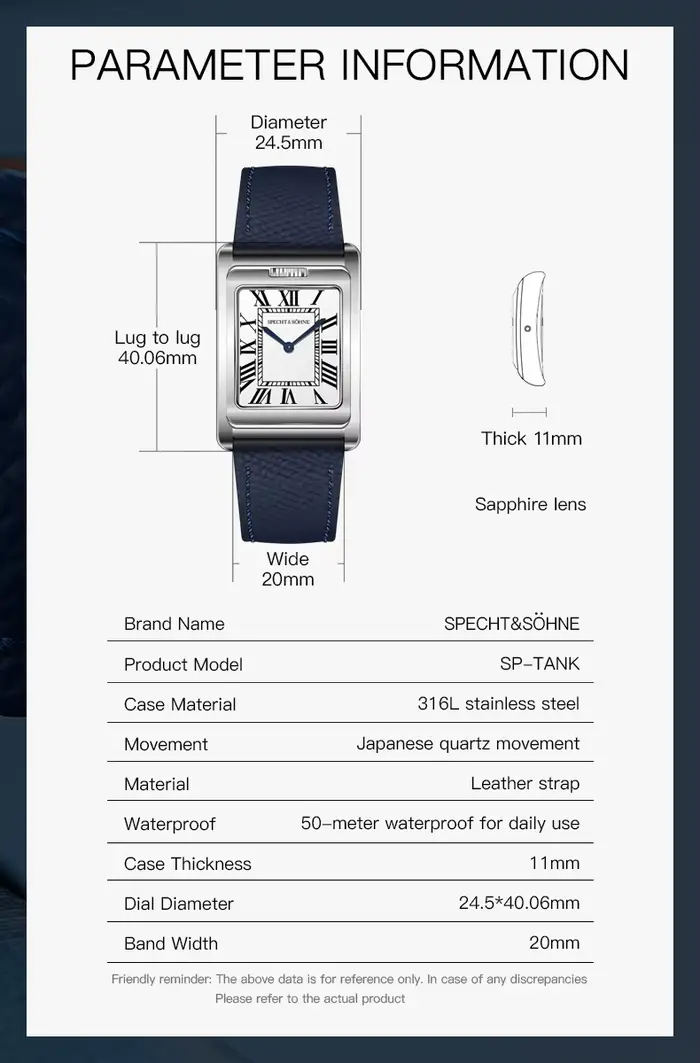 Specht & Söhne Montre à quartz pour homme, montre de sport carrée double face, en acier inoxydable, avec cristal saphir, étanche