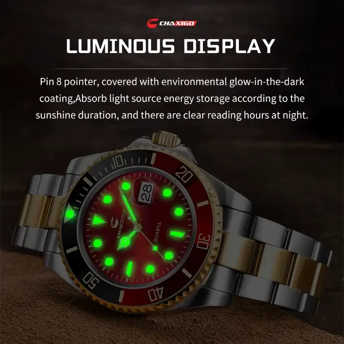 CHAXIGO Montre pour homme en acier inoxydable de style fantôme vert classique avec finition lumineuse et résistance à l'eau