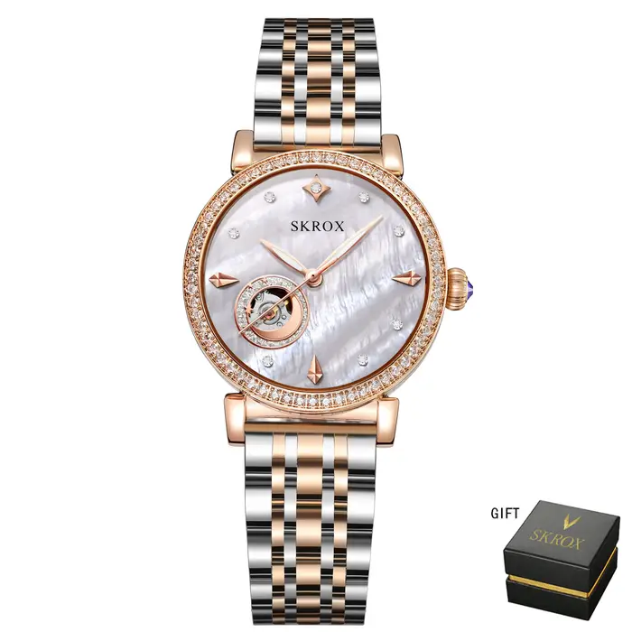 Montre de Luxe en Or Rose et Diamant pour Femme, avec Mouvement Mécanique et existent, en Acier Inox
