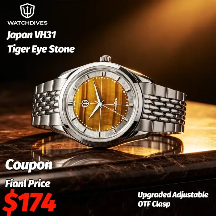 Montre homme Watchdives WD1954 avec cadran en pierre d'oeil de tigre édition limitée résistante à l'eau pour homme quartz acier inoxydable occasionnels plongeurs et explorateurs