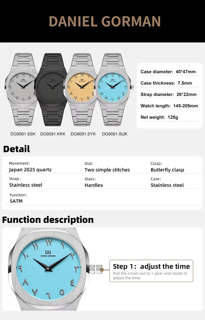 Montre de luxe arabe à quartz avec bracelet en acier inoxydable 316