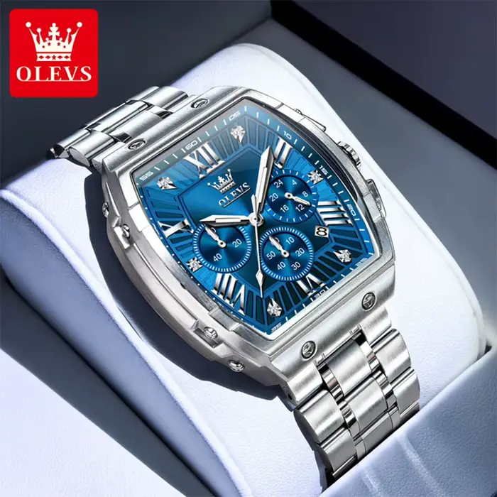 OLEVS nouveau Design Tonneau montre hommes lumineux étanche Date en acier inoxydable chronographe montres à Quartz