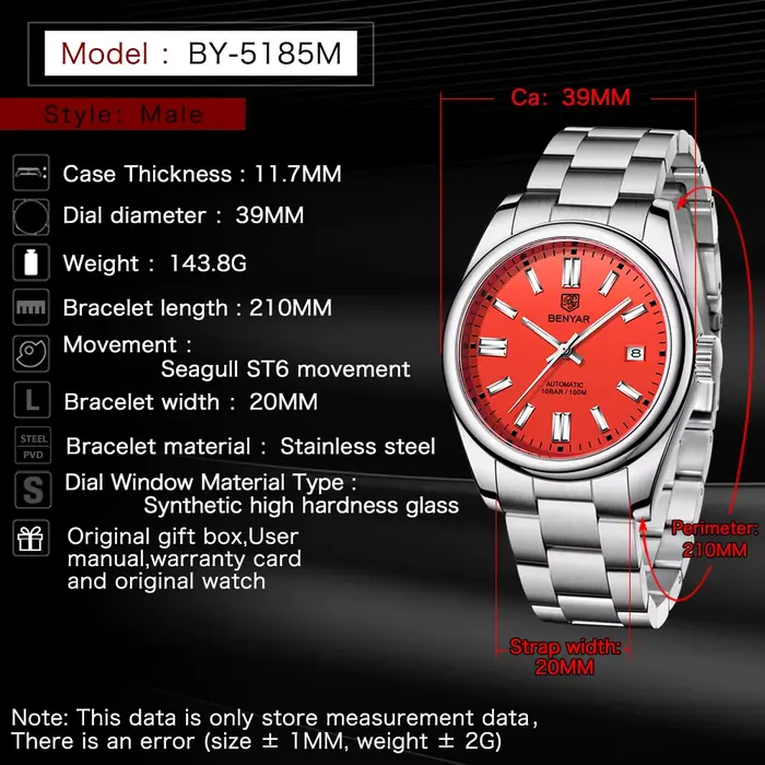 Montre BENYAR Luxe Mécanique Automatique Acier Inoxydable pour Hommes Occasions Spéciales Plongeur Étanche 10 Bars