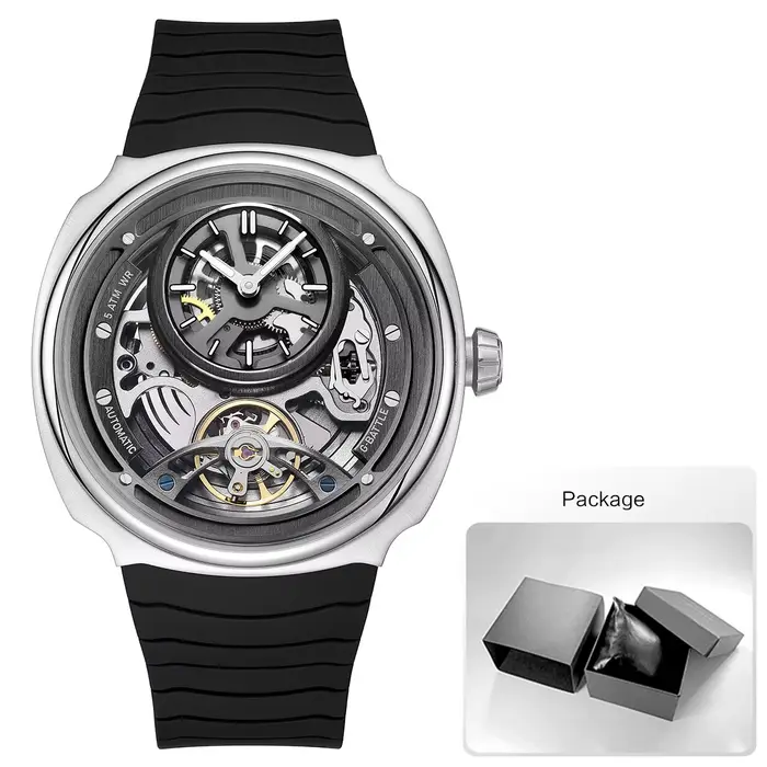 Montre automatique squelette pour homme avec grand boîtier en acier inoxydable, bracelet en silicone