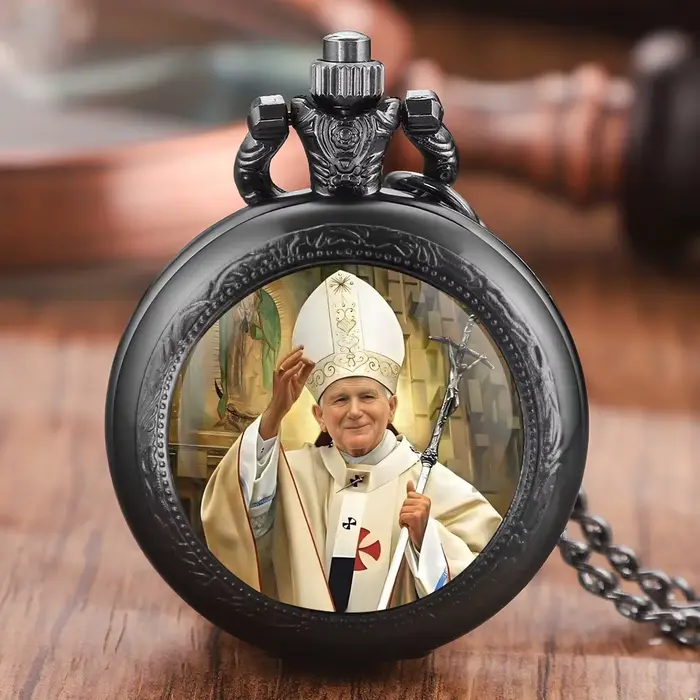 Montre de poche à quartz vintage avec pendentif chaîne motif Jésus icônes catholiques style Pape Jean-Paul II pour hommes et femmes cadeau bijou ocassions formelles et informelles