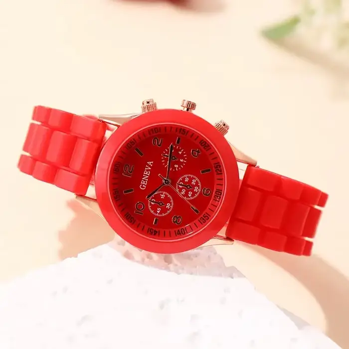 Montre à quartz en silicone rouge pour femme