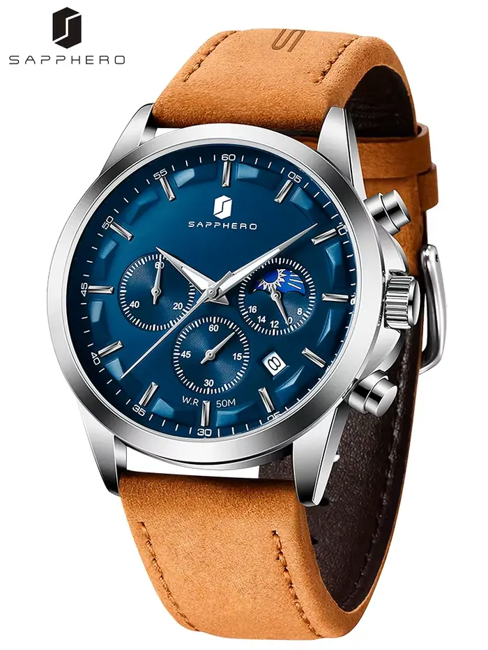 Montre homme Sapphero Sapphire Clock élégante résistante à l'eau bracelet cuir pour affaires voyage polyvalente