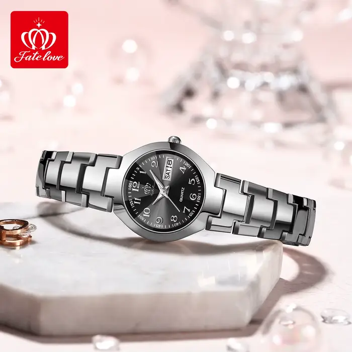 Montre FATELOVE 818 en acier au tungstène avec affichage double calendrier et jour de la semaine pour femmes occasions spéciales
