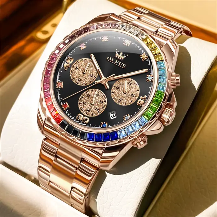 Montre pour hommes OLEVS arc-en-ciel pierre précieuse lunette affaires de luxe haut marque montres à
