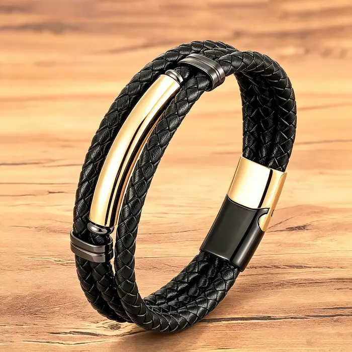 Bracelet en cuir tressé minimaliste de luxe pour homme, double brin, corde noire, fermoir en acier i