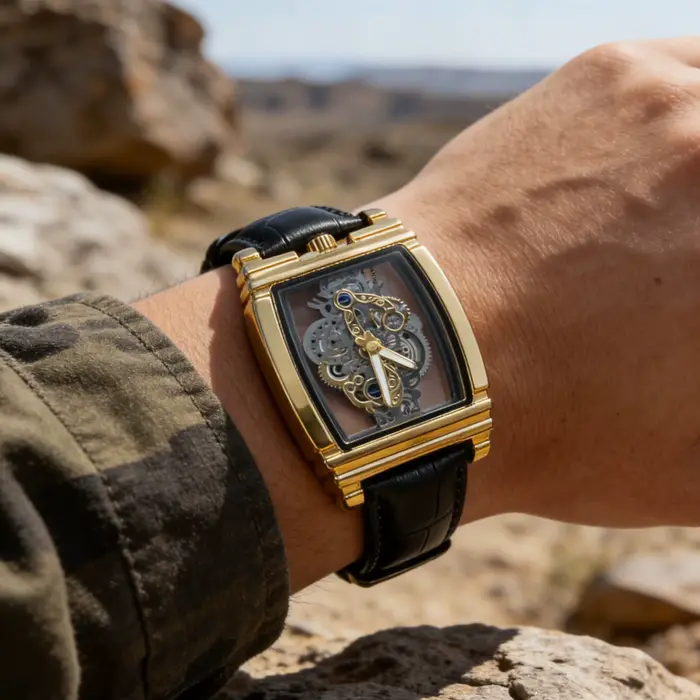 Montre de luxe carrée à quartz pour homme - Design rétro ajouré