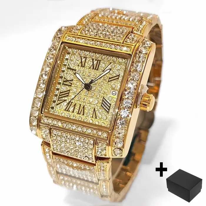 Umy GUET-Montre à Quartz de Luxe pour Homme, en Acier Inoxydable, Couleur Or, Hip Hop, Diamants, Rec