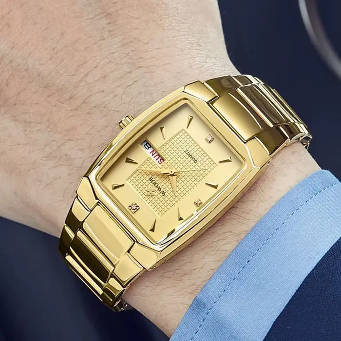 WWOOR 2024 nouvelle montre carrée hommes avec Date de la semaine automatique de luxe en acier inoxydable or